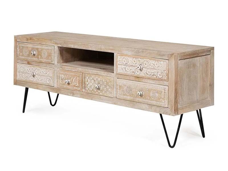 TV тумба Munnar (mod. 1812) дерево манго/металл, 140х55х40см, натуральный / white wash