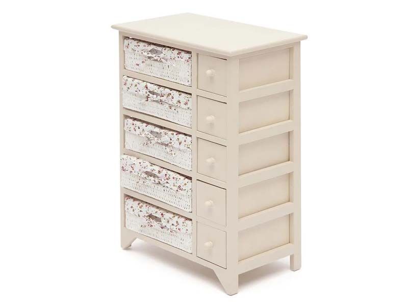 Комод с 5-ю корзинами и 5-ю ящиками CABAS ( mod. 4323 ) paulownia, мдф, 50x30x73см, butter white (слоновая кость), ткань -розочки
