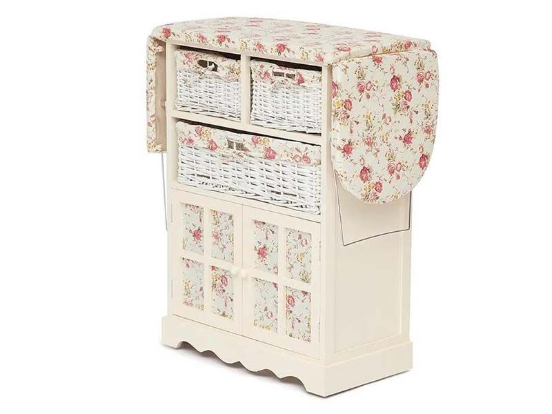 Гладильный комод с 3-я корзинами CAMPANARD ( mod. PE-03 ) paulownia, мдф, 64x35x83см, butter white (слоновая кость), ткань -розочки